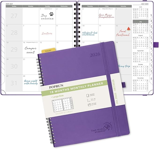 POPRUN Monthly Planner 2025-2026 Spiral Bound (8.5'' x 10.5'') 18 Months Calendar (Jul 2025 - Dec 2026) - 4 Pages per Month with Monthly Expense & Notes, Sunday Start, Leather Cover - Purple