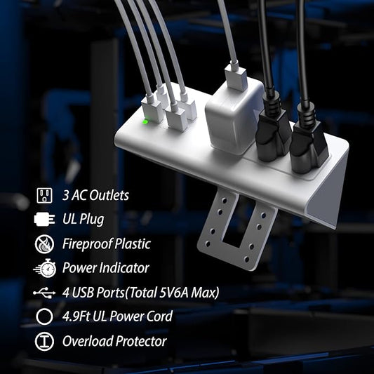 Nightstand Edge Mount Power Strip with USB-C Ports Tabletop Surge Protector Desk Clamp Power Sockets with 3 AC Outlets &4 Fast Charging USB Ports for Home Office Hotel and Dormitory (White(2-Pack))