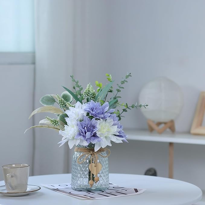 Faux Flowers with Vase,Artificial Silk Flowers in Vase, Fake Plant Eucalyptus and Willow,Flower Arrangement for Home Farmhouse kitchen Dining Table Centerpiece Decorations Table Decor (Dusty Purple)