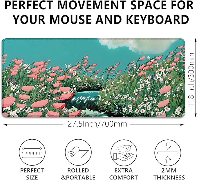Anime Flowers in The River Extended Desk Pad Flowers Mouse Pad,Large Gaming Floral Mouse Mat with Stitched Edges,Non-Slip Rubber Base Mousepad for Office Computer Keyboard Laptop Home