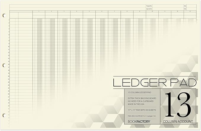 BookFactory Ledger Pad Large 13 Column Accounting Ledger Columnar (Thirteen Columns) Pads - 17'' x 11'', 50 Pages, Notepad Landscape Format (PAD-050-CLCPD3(17x11-Ledger-13)-AX)
