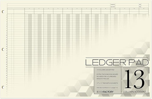 BookFactory Ledger Pad Large 13 Column Accounting Ledger Columnar (Thirteen Columns) Pads - 17'' x 11'', 50 Pages, Notepad Landscape Format (PAD-050-CLCPD3(17x11-Ledger-13)-AX)