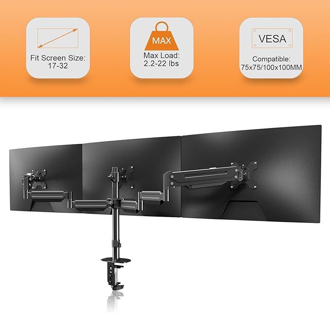 Pholiten Triple Monitor Desk Mount,Triple Gas Spring Monitor Arm for 17-32 inch LCD Computer Screens,Holds up to 22lb,Swivel, Tilt, Rotation, Clamp & Grommet Kit