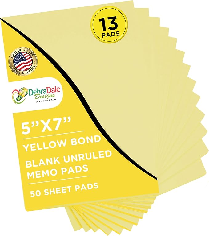 Debra Dale Designs - 5" x 7" Yellow Note Pads - Made Right in the USA - 50 Sheets Per Memo Pad - 13 Pads of Paper - 20# Bond Scratch Paper Pads