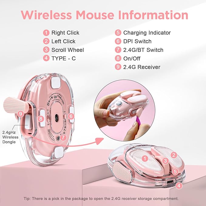 Q9 Wireless Computer Mouse, 2.4GHz/Bluetooth Mouse, Ergonomic Optical Mouse with RGB Lighting,Silent Clicks,4800 DPI, 4 Adjustment Levels,Compatible with PC, Mac, Laptop(Pink)