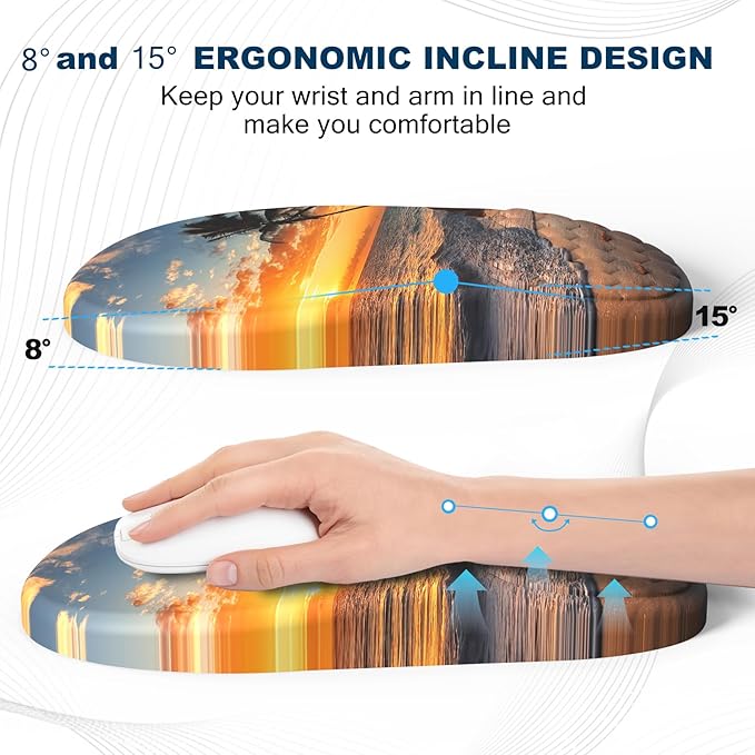 Ergonomic Mouse Pad and Keyboard Wrist Rest with Massage Design, Space-Saving Mouse Pad Wrist Support, Memory Foam Wrist Rest with Non-Slip PU Base for Computer Desk, Beach