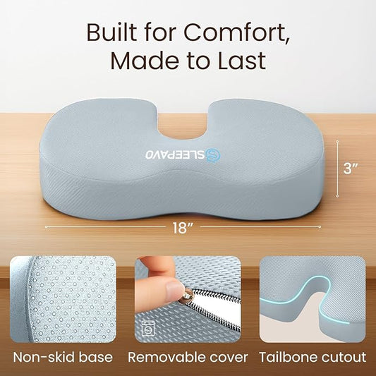 Sleepavo Gray Memory Foam Seat Cushion for Office Chair - Pillow for Sciatica, Coccyx, Back, Tailbone, Lower Back Pain Relief - Orthopedic Chair Pad Lumbar Support in Office Desk, Car, Airplane