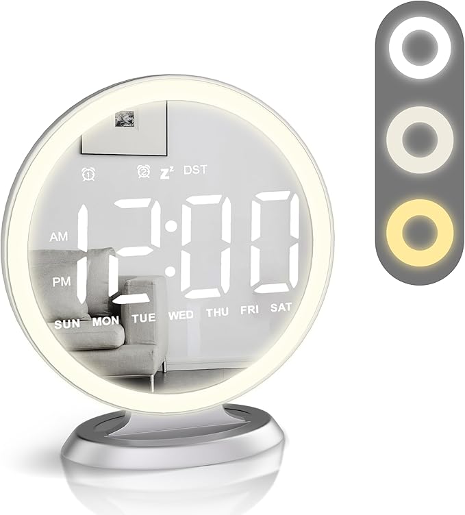 Round Mirror Lighted Digital Alarm Clock, Mirror Surface for Makeup, Large Display, Easy Setting, Auto DST, Auto Dimming, USB Port, Modern Decor for Home, Bedroom, Office, Gift for Women, Girl, Silver