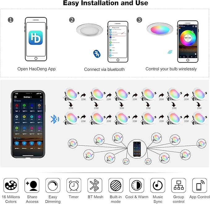 3 Inch Smart Recessed Light 10Pack, RGBCW, 2700K-6500K CCT Selectable, Dimmeble, Multicolorred Color Changing LED Downlight, New Construction or Remodel Canless Recessed Downlight