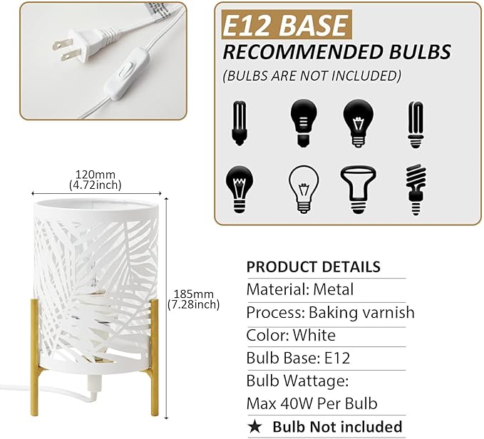 OuXean Decorative Table Lamp, Golden Tripod Stand with White Metal Hollowed Lampshade, Night Light for Bedside, E12 40W, No Bulb