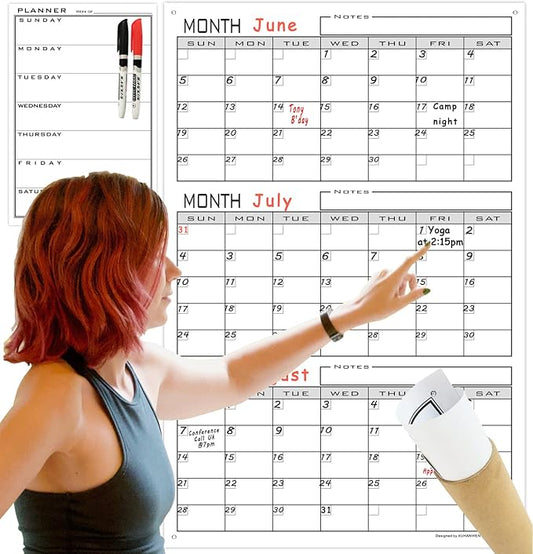 Large 3 Month Dry Erase Calendar For Wall,36x24 Inch Jumbo Undated Three Month Whiteboard Calendar For Medium Office,Giant Reusable Laminated 90 Days Vertical Wall Planner Poster For Home,School