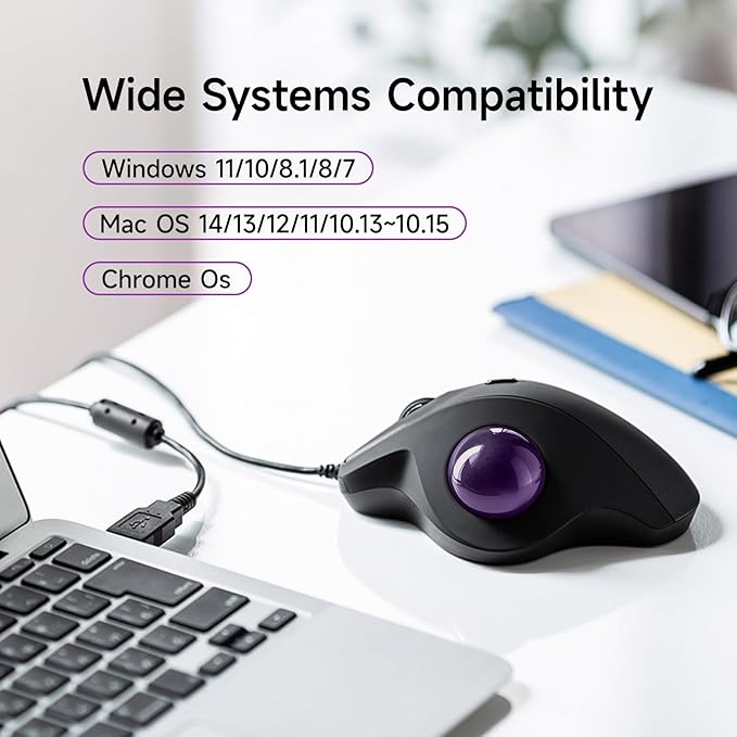 SANWA Wired Ergonomic Trackball Mouse, Optical Vertical Rollerball Mice, Silent Buttons, 34mm Trackball, 600/800/1200/1600 DPI, Compatible with MacBook, Laptop, Computer, Windows, macOS, Purple