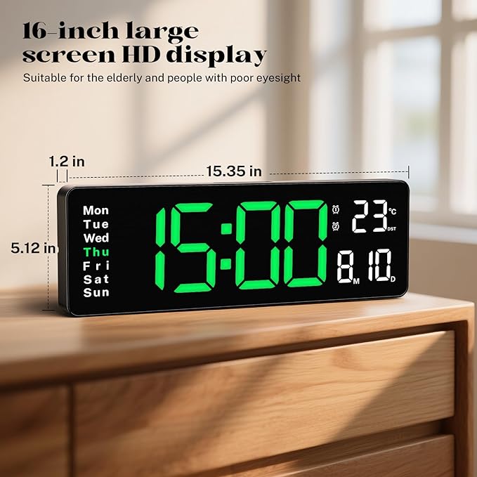 Digital Clock for Classroom, 16" Large Digital Clock with Remote Control, Led Wall Clock with Date, Week, Alarm, Temperature, Night Light for Living Room, Garage, Bedroom, Gym, Office(Green)