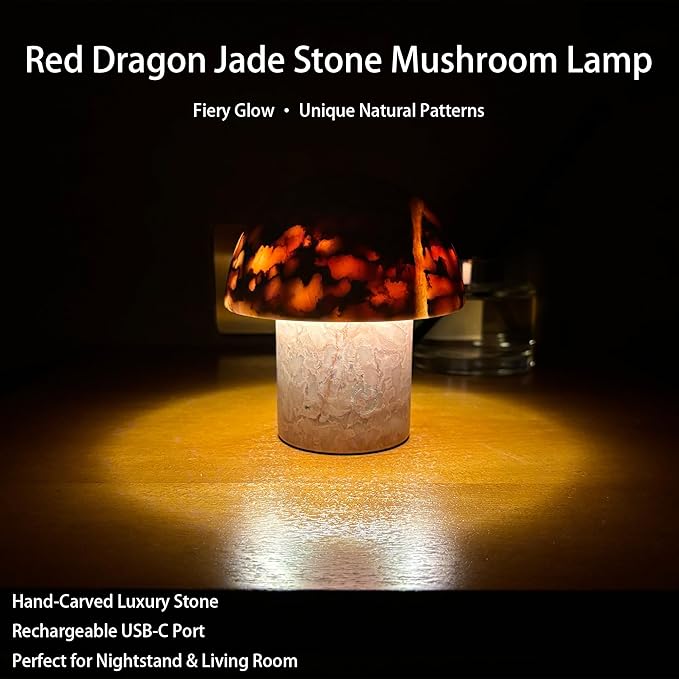 Marble Mushroom Table Lamp - Small Rechargeable USB-C Cordless Touch-Dimmable Night Light, Hand-Polished Natural Stone, 4.3"x4.7"