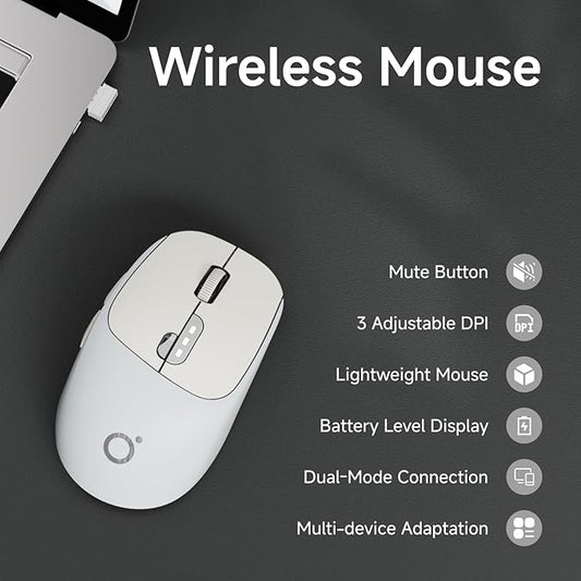 EWEADN Q5 Wireless Mouse, Bluetooth & 2.4G Quiet Computer Mouses with 1600 DPI, Battery Level Display, Ergonomic Office Mouse,6 Button Portable Cute Cordless Mice for Laptop/PC/Mac- Grey