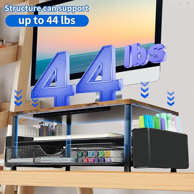 Wood Desk Organizers and Accessories, 2-Tier Computer Monitor Stand Riser with Drawer, Pen Storage & Phone Holder, Office Desk Accessories, Workspace Desktop Organization for Office Supplies（Brown）