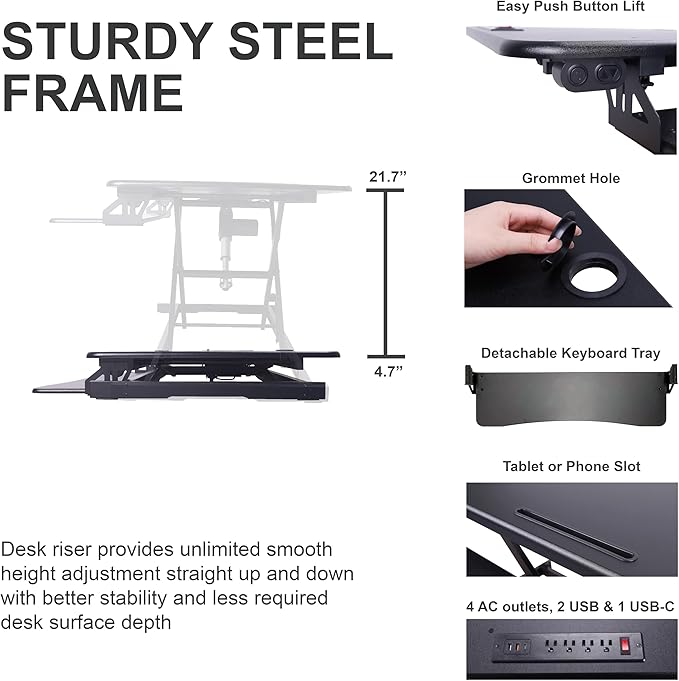 Rocelco 46" Electric Standing Desk Converter with AC Outlet USB Charger - Motorized Height Adjustable Sit Stand Up Triple Monitor Riser - Tabletop Workstation Large Keyboard Tray - Black (R EDRB-46)
