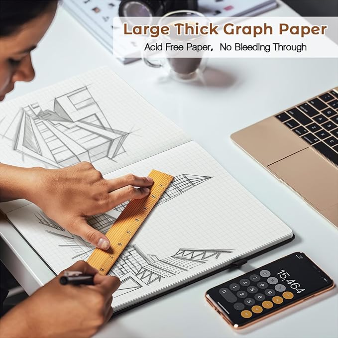 Graph Paper Notebook, Hardcover Notebook 8.5 x 11, Grid Notebook Journal for Women, Men, Large Leather Journals for Writing, Thick Paper, A4 Notebooks for Work, School Supplies, Engineering Brown