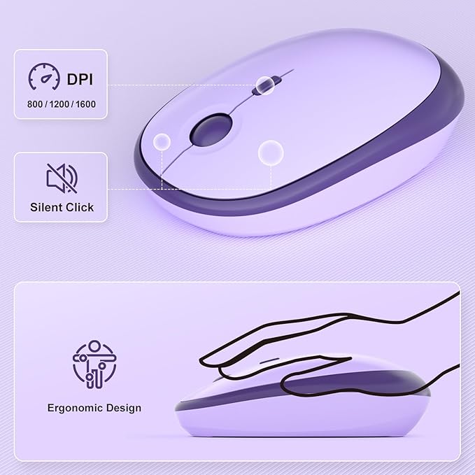 Wireless Keyboard and Mouse Combo, MOWUX Full Size Typewriter Retro Round Computer Keyboard, Cute Optical Mouse Wireless, Plug and Play, for Laptop, PC, Computer- Violet Field