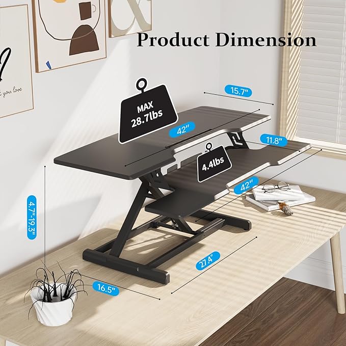 42 inch Standing Desk Converter, Height Adjustable Desktop Standing Desk with Keyboard Tray for Two Monitors, Sit to Stand up Desk Riser Computer Workstation for Home Office, Black