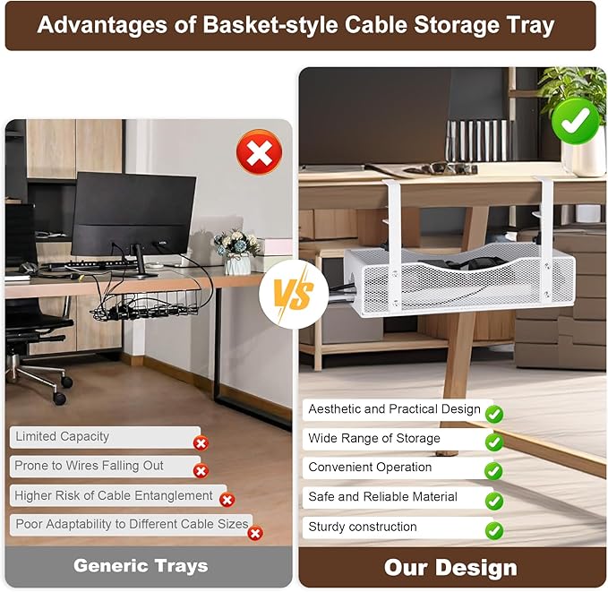 Extra Wide Under Desk Cable Management - No Drill Installation Cable Management Tray, Modern Cord Organizer for Office/Home Desk, Fits Power Strips & Wires
