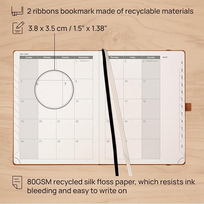 POPRUN 2026 Planner - 2026 Recycled Weekly Planner[6.5''x 8.5''- Italian Regenrated Leather Hard Cover] with Hourly Schedule & Vertical Weekly Layout, Monthly Tabs, Inner Pocket - Desert Brown