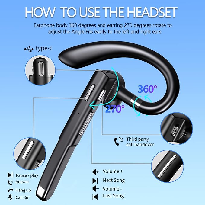 Bluetooth Headset for Cell Phones 500Hrs Standby Time with LED Charging Case 270 Degrees Rotatable Mic Hands Free Bluetooth 5.4 Version
