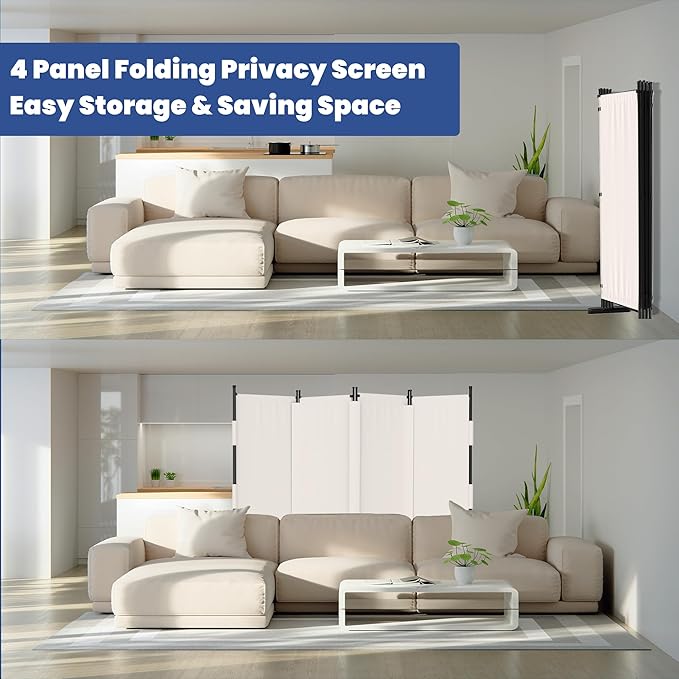 Room Divider, 4 Panel Upgraded Folding Privacy Screen, 88” Highly Secretive Separation with 3 Metal Feet, Partition Screen, Lightweight Freestanding Wall Divider Bedroom (White)
