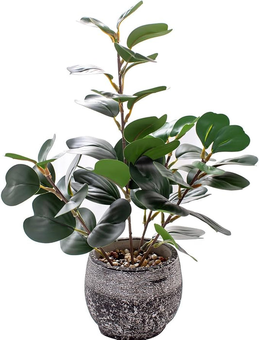 15" Fake Plants in Rustic Black Vase Real Looking and Touching Evergreen Ficus Leaf Faux Plant Indoor for Book Shelf Bathroom Office Desk Kitchen Counter Bedroom Small Space Artificial Plant Decor