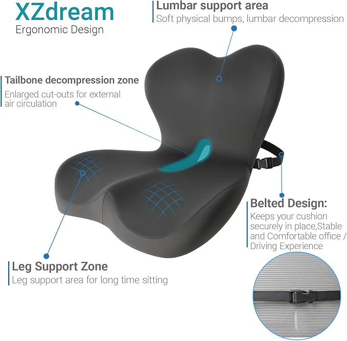 Memory Foam Seat Cushion,Office Chair Cushion with Lumbar Support for Back Pressure Relief, Car Seat Cushion with Adjustable Strap,Sciatica Pad Cushions for Car,Truck,(C-Dark Grey)