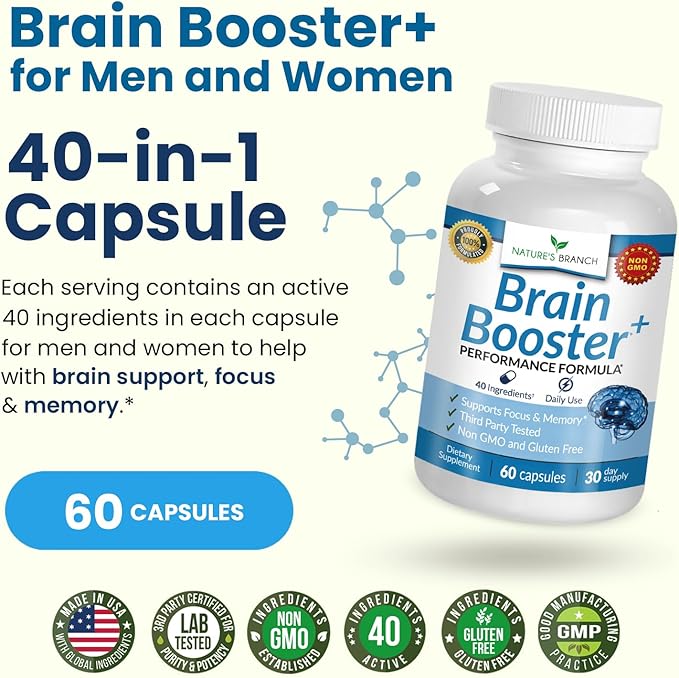 40-in-1 Brain Booster Supplement for Focus, Memory, Clarity, Energy | Advanced Vitamins Plus eBook | for Men & Women, Cognitive Function Nootropic Support with DMAE, Mind Health Formula | 60 Capsules