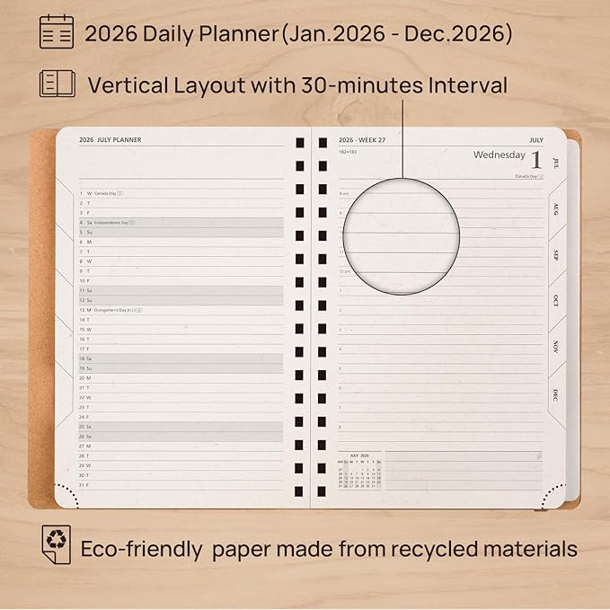 POPRUN 2026 Daily Planner One Page A Day - [5.75" x 8.5"-100% Recycled Materials Spiral Soft Cover] - 2026 Agenda with Monthly Calendar, Folded Inner Pocket - Black Grey