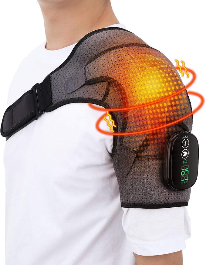 Cordless Shoulder Heating Pad, Heated Shoulder Wrap with Vibration, Shoulder Massager Heated Shoulder Brace for Women Men
