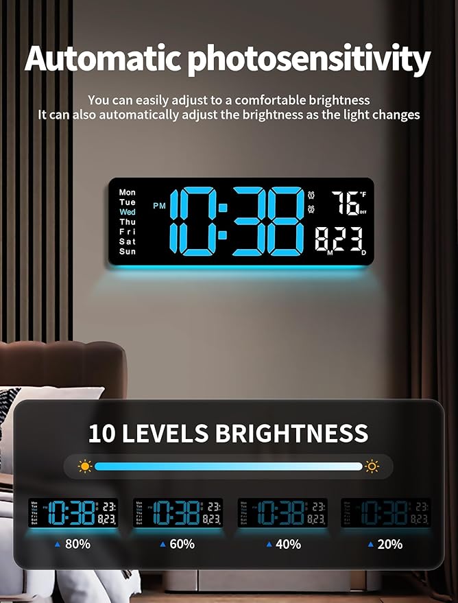 MASHI Digital Wall Clock, 16" Large Display Digital Clock with Remote Control, Auto-Dimming Wall Clock with Night Light, DST, Date Week,Temp for Living Room, Bedroom, Decor, Gift for Elderly