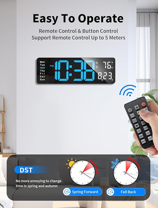 MASHI Digital Wall Clock, 16" Large Display Digital Clock with Remote Control, Auto-Dimming Wall Clock with Night Light, DST, Date Week,Temp for Living Room, Bedroom, Decor, Gift for Elderly