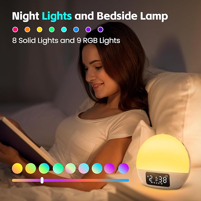 Sunrise Alarm Clock White Noise Sound Machine with 25 Soothing Sounds, 17 Night Lights, Bluetooth Speaker Wake Up Light Alarm Clock for Bedrooms, Heavy Sleepers, Baby, Kids