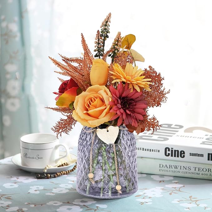 Faux Flowers in Vase - Hydrangea Fall Centerpieces for Tables Fake Flowers with Vase Dining Table Decor, Fake Roses Chrysanthemum Fall Flowers Artificial for Decoration