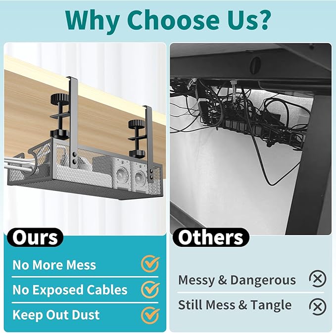 Under Desk Cable Management Tray Black, No Drill Organizer With Clamp for Wire Management, PC Cord Accessories & Workspace Organizers for Office, Home