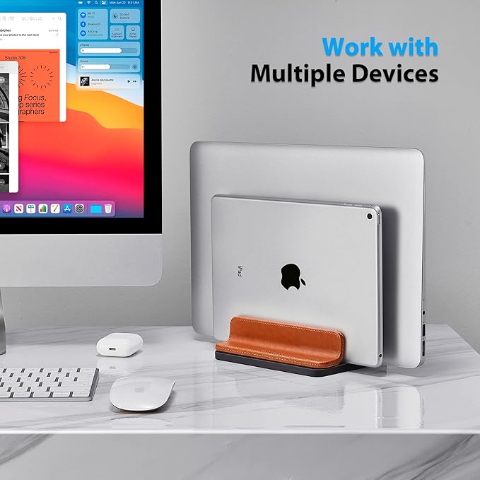 Leather Vertical Laptop Stand,Dual Laptop Holder Stand,Laptop Organizer with Adjustable Dock (18-26mm/0.7-1 in) for All MacBook/Tablet/Surface/Dell/iPad (Brown)