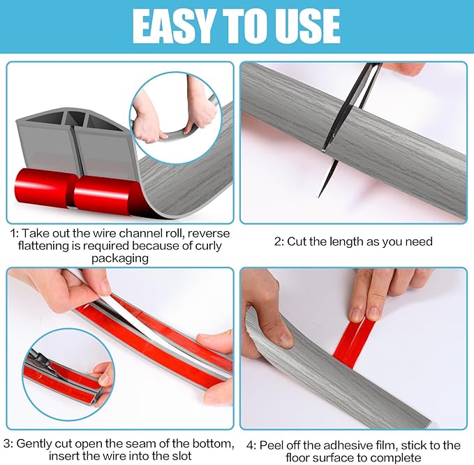 Floor Cord Cover Self Adhesive Cord Hider,20FT Cable Management, Extension Strip Protector for Wires, Prevent Cable Trips for Offices, Gyms, Exhibitions Cavity:0.39"(W) x 0.27"(H) Gray Wood