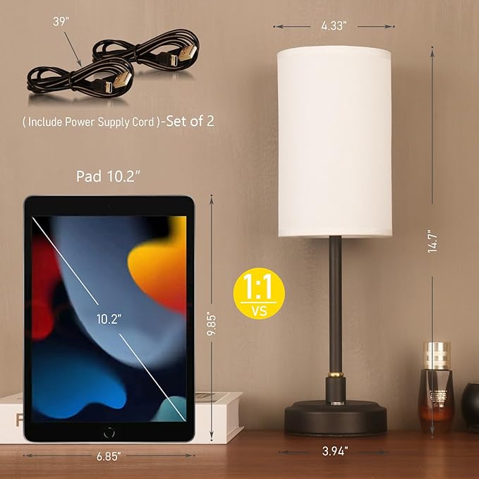 Set of 2 Small Touch Nightstand Lamp Rechargeable Battery Operated Cordless LED Table Lamp, Portable 3 Colors Stepless Dimmable Fabric Desk Light for Restaurant/Bedroom/Outdoor (White+Black)