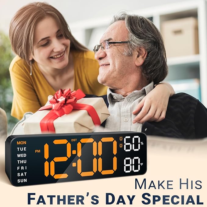 10" Digital Wall Clock: Dual Alarm Wall Mount Decor Clock for Living Room Classroom Office Desk, House Warming Gifts New Home Decor, Gift for Mom Dad Seniors Teen Orange