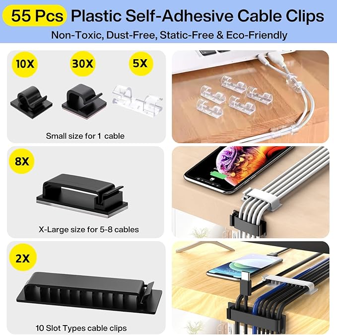 [313Pcs] Cable Management Kit, 67 Adhesive Cable Clips, Topavatop Desk Cord Organizer, 22 Reusable Cable Strap, 4 Cable Sleeve Split, 200 Nylon Cable Zip Ties with 20 Mounts for TV Office Home, Black