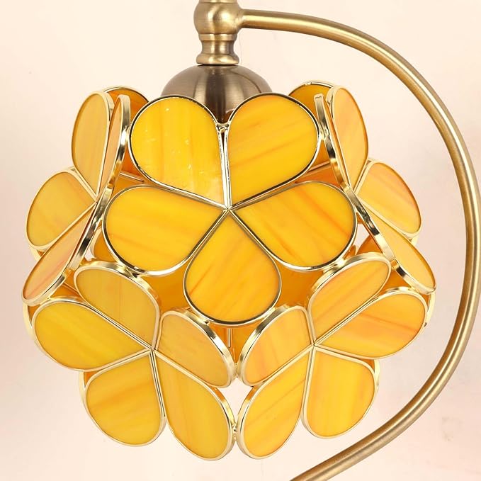 Bieye L10910 Tiffany Style Stained Glass Flower Petal Table Lamp with Brass Base for Home Décor (Yellow Orange, 8" Cherry Blossom)