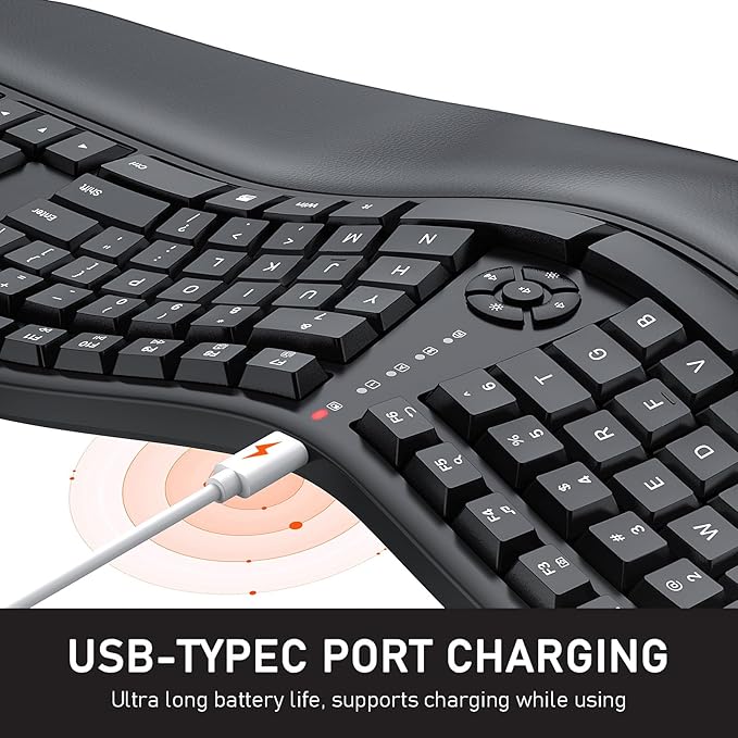 MEETION Ergonomic Keyboard, Wireless Computer Keyboard, Ergo Split Keyboard with Cushioned Wrist, Palm Rest, Curved Natural Typing, Full Size Rechargeable for Windows/Mac/Laptop/PC, Black