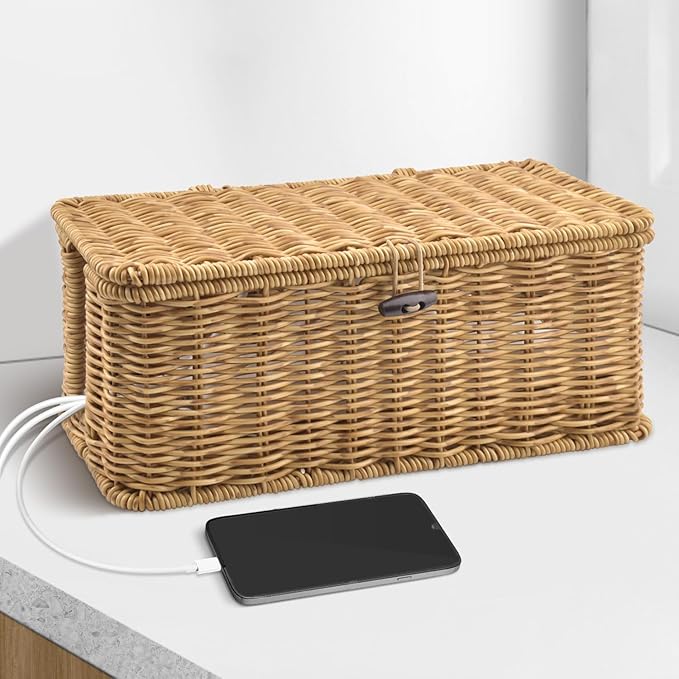 Handmade Cable Management Box – Stylish & Functional Cable Organizer with 2 Open Slots for Home & Office, TV Wires Computer Router USB Hub & Power Strip Rattan Cord Hider Box (Wood Color)