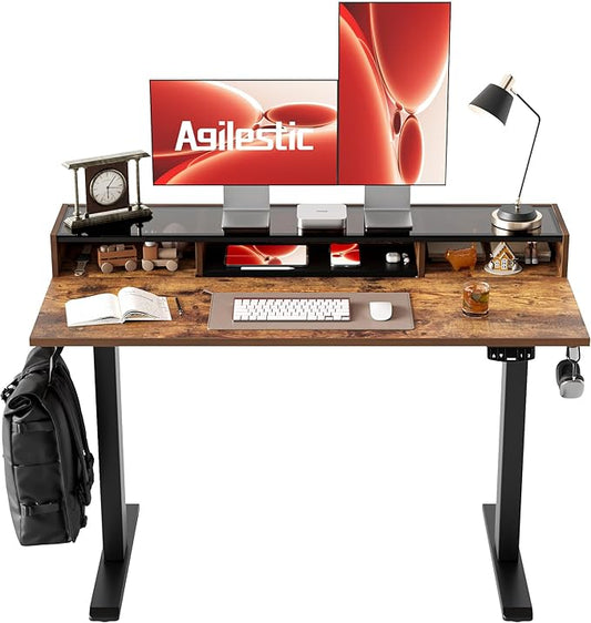Agilestic Glass Standing Desk with Storage, 48 Inch Electric Adjustable Desk with Glass Shelf and Cable Management, Sit Stand Up Home Office Computer Table, Splice Board, Rustic Brown
