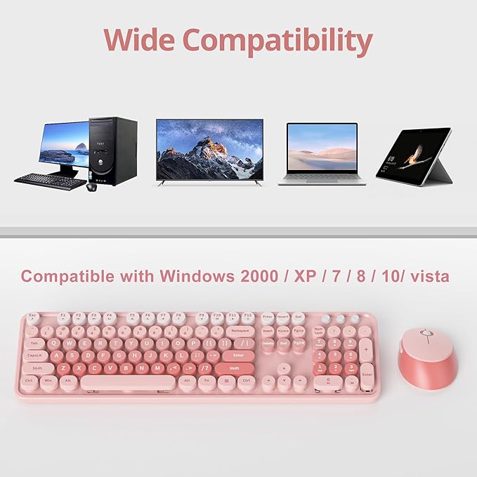 Fogruaden Pink Retro Typewriter Keyboard and Mouse Wireless, 2.4GHz Office Full-Sized Colorful Computer Keyboard with Number Pad and Cute Mouse for Windows PC Desktops Laptop