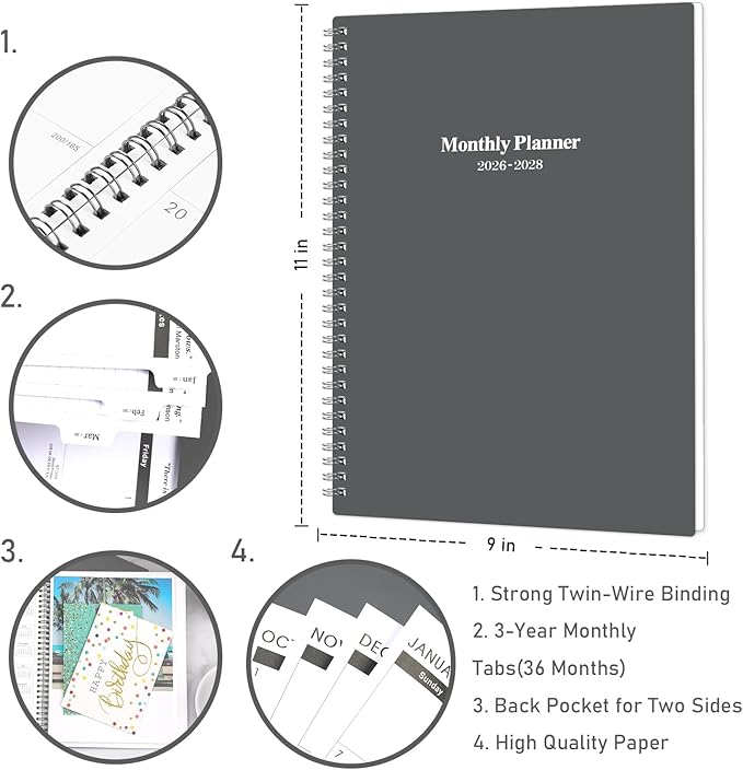 2026-2028 Monthly Planner/Calendar - January 2026 - December 2028, 3 Year Months Planner 2026-2028, 9'' x 11'', 36 Monthly Tabs, 2-Side Pocket, Gray