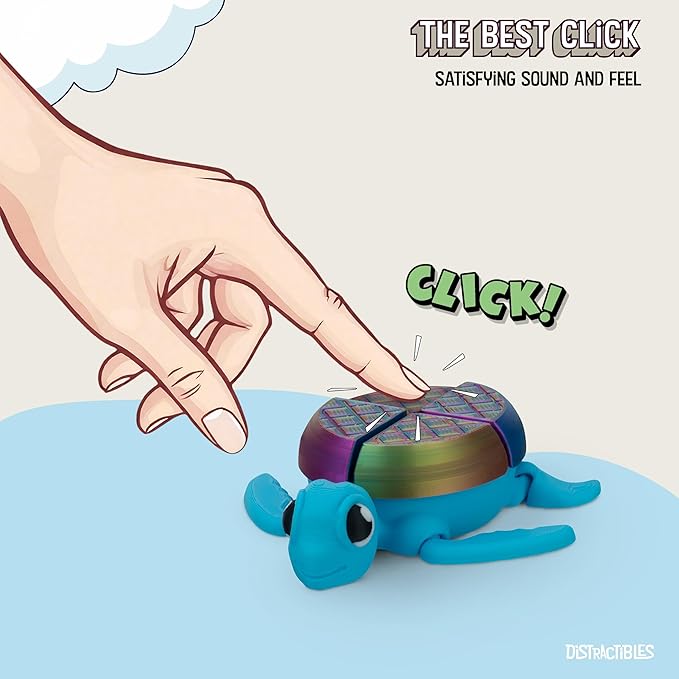 Distractible Turtle Fidget Toy, Articulating Design with Shell Clickers, Pocket-Sized & Durable, Sensory, Stress Relief, ADHD, Autism & Stim (Blue-NEON)